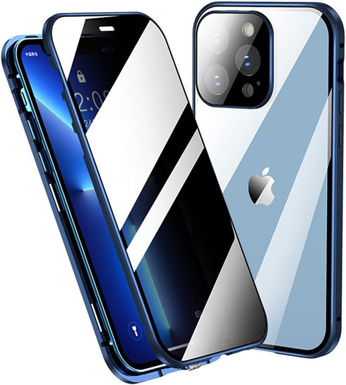 HENGHUI Lockable Anti Peeping Case for iPhone 15 Pro Max Magnetic Glass Case with Camera Lens Protector Privacy Screen Glass Protector Bumper Case Anti peep Cover (Blue)