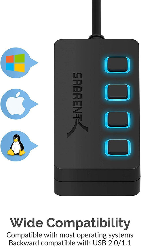 SABRENT 4 Port USB 2.0 Data Hub with Individual LED Power Switches, Charging NOT Supported for Mac & PC