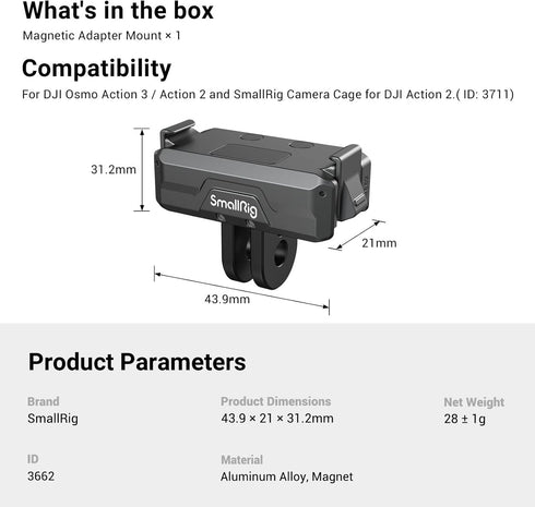 SMALLRIG Magnetic Adapter Mount for DJI Action 4/3/2, with 1/4” Thread for Tripod, Selfie, Vlogging - 3662