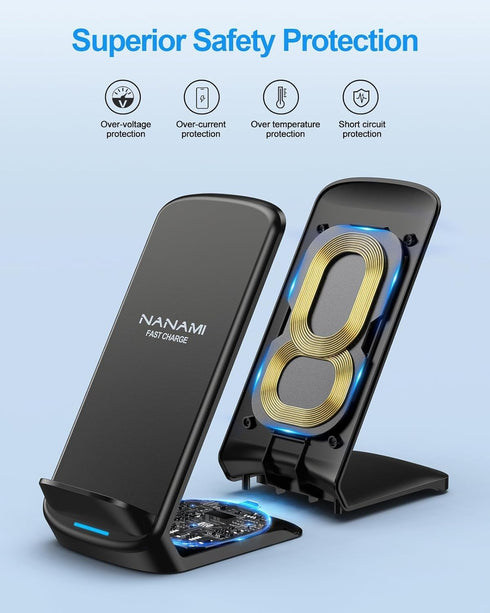 NANAMI Upgraded Fast Wireless Charger, Qi-Certified Stand for Samsung Galaxy S24/S23/S22/S21/S20, iPhone 15