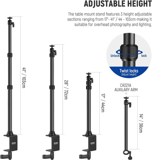 NEEWER Extendable Camera Desk Mount with Ball Head, 17"-40" Adjustable Table Light Stand for DSLR Camera, Ring Light,