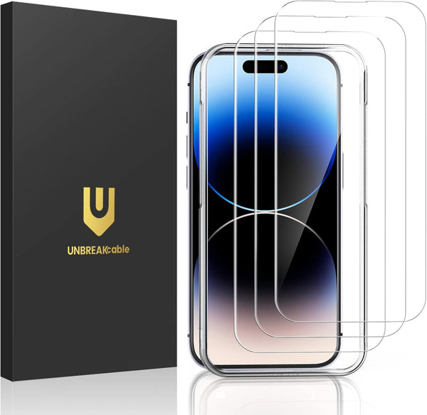 UNBREAKcable iPhone 14 Pro Screen Protector 3-Pack, 9H Hardness, 99.99% HD Clear, Case Friendly, Easy Install Frame.