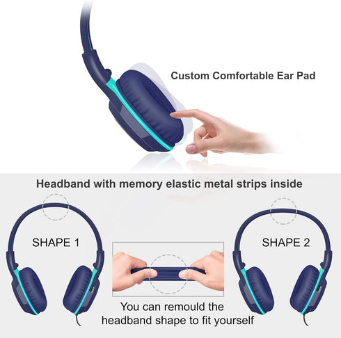 SIMOLIO Wired Headphones for Kids, Safe Volume 85dB/94dB/104dB, Over-Ear Headset with Microphone & Shareport, Blue