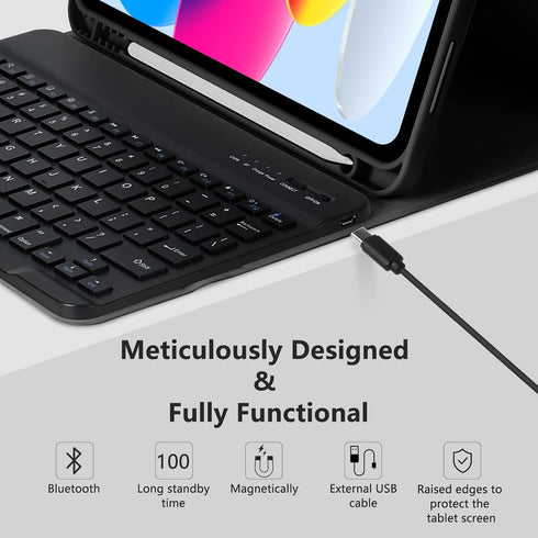 MMK Keyboard Case for iPad 10th Gen 10.9" 2022, Detachable Bluetooth Keyboard & Pencil Holder, Black