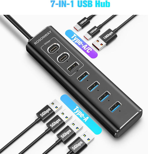 Powered USB Hub, Rosonway 7-Port USB 3.2/USB C Hub with 10Gbps USB-A, 2 USB-C, 4 USB 3.0 Ports, 12V Power Adapter