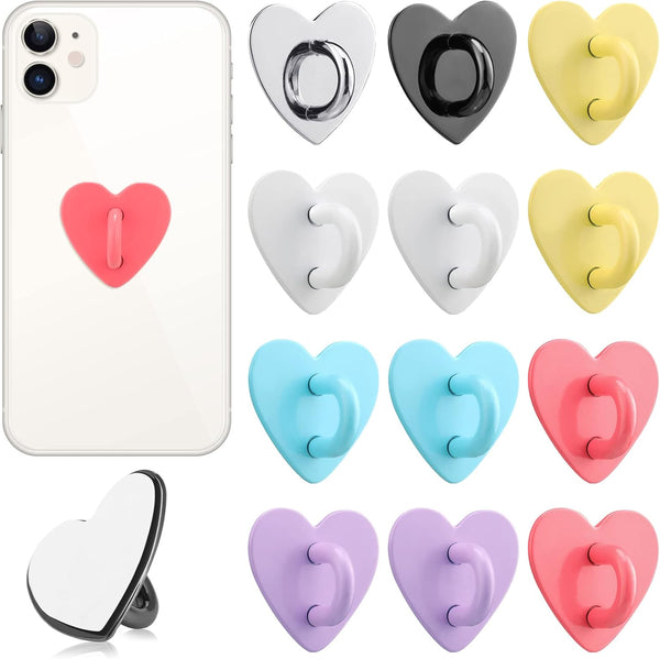 12 Pcs Heart Shaped Cell Phone Finger Ring Holder, Adhesive Metal Phone Grip, Charm Loop Stand for DIY Phone Case and