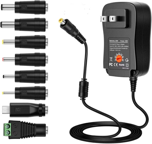 30W Universal AC/DC Adapter, Switching Power Supply with 8 Selectable Adapter Tips for Household Electronics