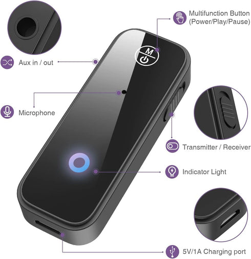 ORIA Bluetooth 5.0 Receiver for Car, Upgraded Aux Bluetooth Adapter, 2 in 1 Transmitter Receiver with Noise Cancelling