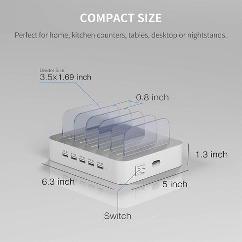 MSTJRY Charging Station for Multiple Devices - 5 Port Multi USB-A Charger Station with Power Switch for iPhone, iPad