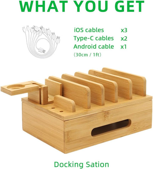 LEOKKARR Bamboo Charging Station with Watch Stand, Desktop Charging Station Organizer, Wood Docking Station for Phones
