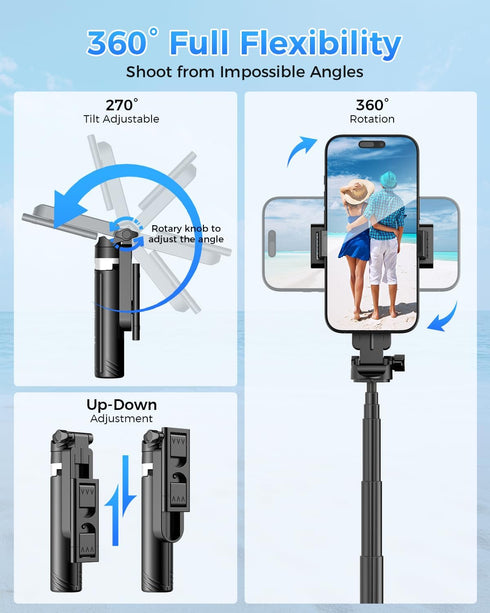 Kinwald 3-in-1 Phone Tripod with LED Lights & Remote, Extendable Selfie Stick Tripod Stand, Compact Portable