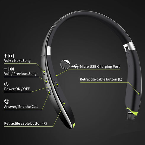 Bluetooth Headset, 2024 Upgraded Neckband Headphones with Retractable Earbuds, Noise Cancelling Stereo Earphones