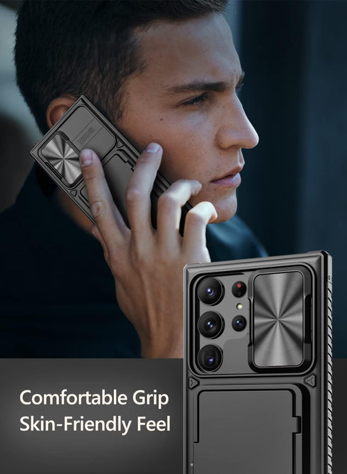 Vihibii Wallet Case for Samsung Galaxy S23 Ultra 5G, Black with Card Holder (4 Cards), Sliding Camera Cover & Kickstand