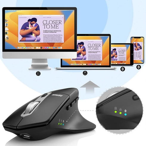Arteck Multi-Device Wireless Bluetooth Mouse, Ergonomic Right Hand Silent Clicking Rechargeable Mouse for Computer,