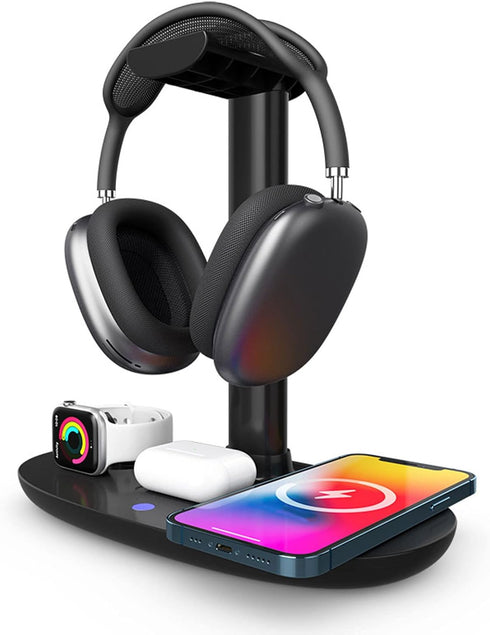 Headphone Stand with Wireless Charger, 4 in 1 Desk Gaming Holder Rack with Fast QI, Detachable Wireless Charging Pad