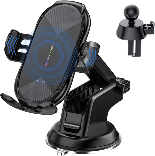 Wireless Car Charger, 15W Qi Fast Charging Auto-Clamping Air Vent Mount, Long Arm Suction Cup Holder for iPhone