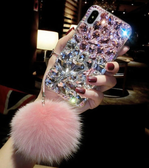 Losin Fashion Luxury Gemstone Case for iPhone X/iPhone Xs, Cute Fuzzy Plush Fluffy Fur Ball Pendant Soft TPU
