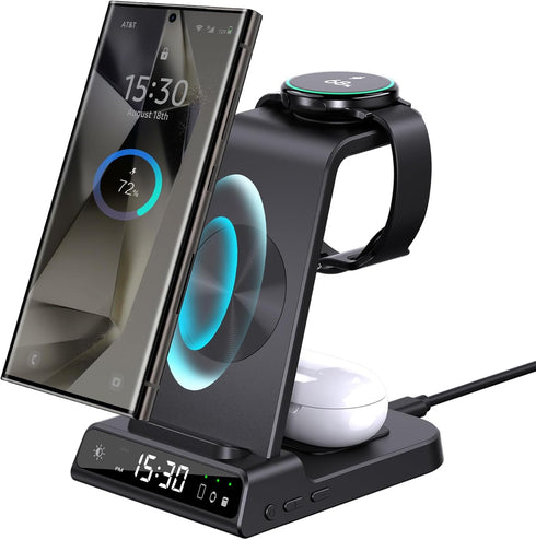 Wireless Charger for Samsung with Clock, 3 in 1 Charging Station for Samsung Galaxy S24 Ultra/S23 Ultra/Z Flip 6/5/Fold