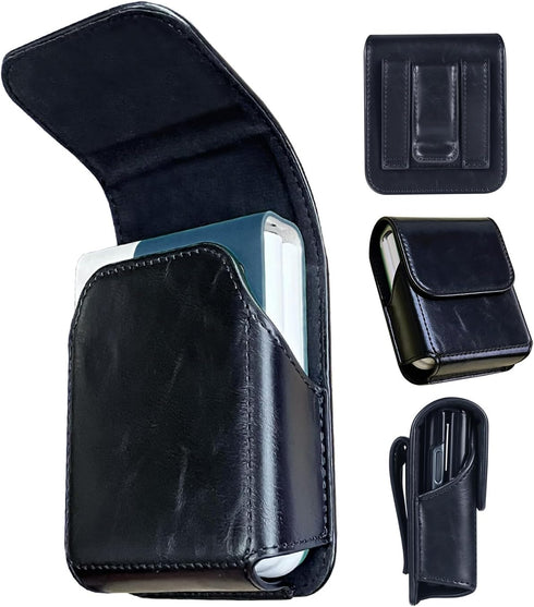 Leather Phone Pouch for Samsung Galaxy Z Flip 5/4/3, Belt Holster Case with Clip for Motorola Razr + 2023, Black