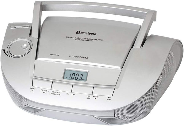 HANNLOMAX HX-328CD Portable CD Boombox with AM/FM Radio, Bluetooth, USB Port for MP3 Playback (Silver)