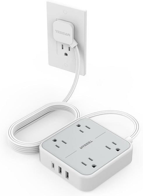 TESSAN 10 ft Extension Cord, Surge Protector Power Strip with 3 USB, Flat Plug, 4 AC Outlets