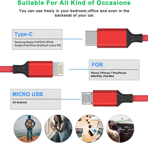 Multi 3 in 1 USB Extra Long Cable, 3M/10Ft Nylon Braided Universal Phone Charger Cord Type C/Micro USB/iPhone Lightning Connector for Android/Tablets/Samsung S8/LG/Pixel/Huawei and More (Red) by MTAKYI
