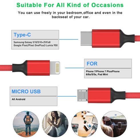 Multi 3 in 1 USB Long iPhone Charging Cable, 1.8M/5.9Ft Nylon Braided Universal Phone Charger Cord for