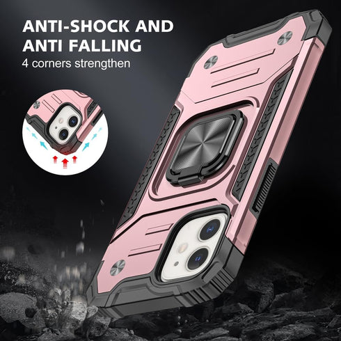 HNHYGETE iPhone 12/12 Pro Case with Screen Protector, Heavy Duty Military Grade 360° Rotatable Kickstand, Rose Gold