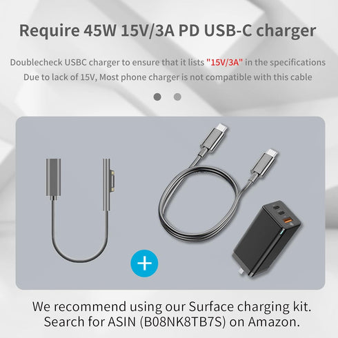 USB-C Charging Cable for Microsoft Surface Pro 7/6/5/4/3, Go3/2/1, Laptop 4/3/2/1, 20 cm, Requires 45W 15V/3A Charger.
