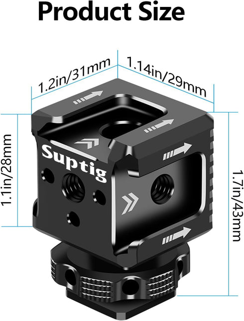 Suptig 3 Port Cold Shoe Mount with 1/4"-20 Thread for Camera Cage, Flash, LED Monitor, Microphone