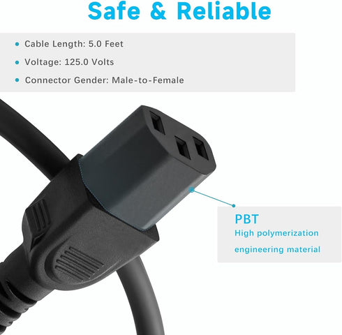 LIFKAHY 5ft 3 Prong Power Cord Replacement for HP Dell Acer Asus Lenovo Laptop Power Cable