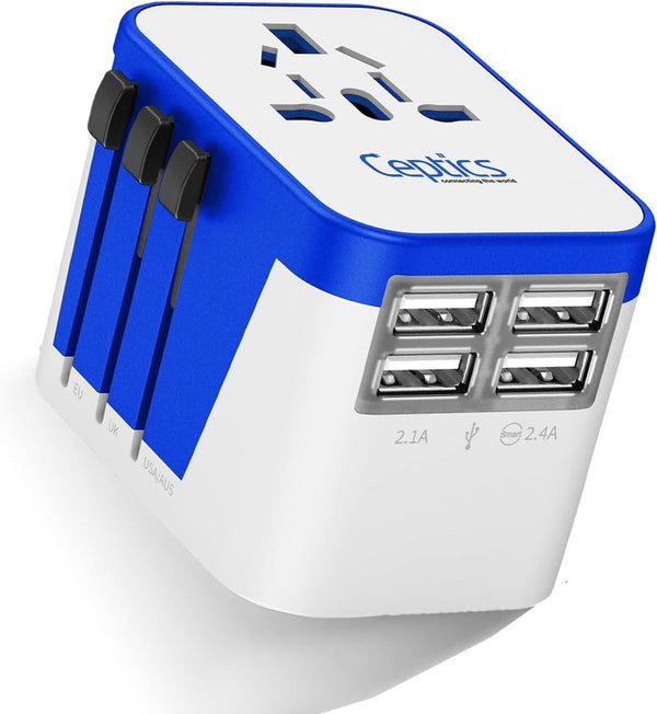 Ceptics Universal Travel Adapter Plug with 4 USB Ports - Charge Cell Phones, Smart Watches, iPhones - For International