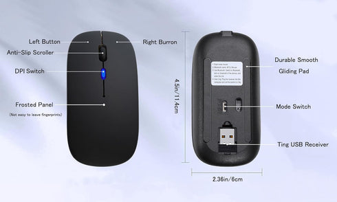 Wireless Bluetooth Mouse, LED Rechargeable Silent Slim Laptop Mouse, Dual Mode (BT5.2/3.0 & USB Receiver), Portable,