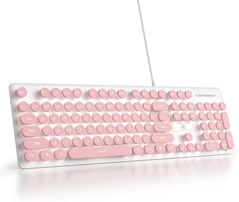 Wired Quiet Membrane Keyboard, Full Size 104-Keys, Retro Punk Typewriter, White LED Backlit, USB, Pink