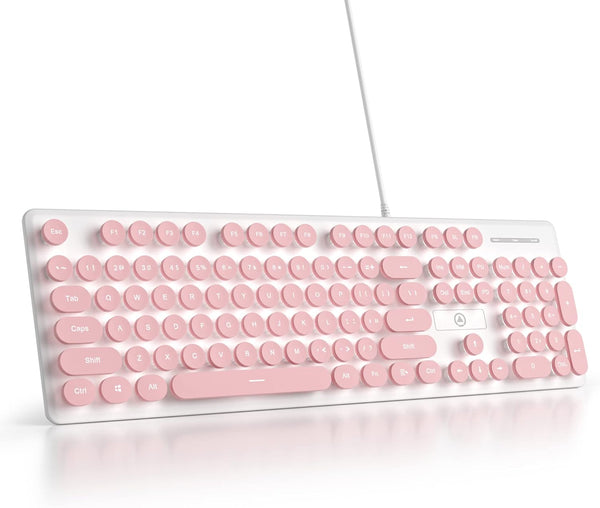Wired Quiet Membrane Keyboard, Full Size 104-Keys, Retro Punk Typewriter, White LED Backlit, USB, Pink