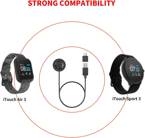 Replacement USB Charger Cable for iTouch Wearables Air 3 & Sport 3 Smartwatch, Compatible Charging Base (Black)