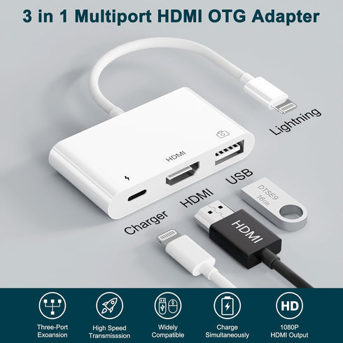 Unitrox 3 1 1080P HDMI Splitter, in USB Camera Adapter with Digital AV HDMI + Charging Splitter, Support USB Flash
