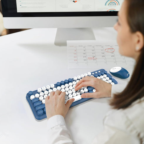 Wireless Keyboard and Mouse Combo, Retro Typewriter Keyboard and Mouse with Round Keypads for Windows Laptop PC