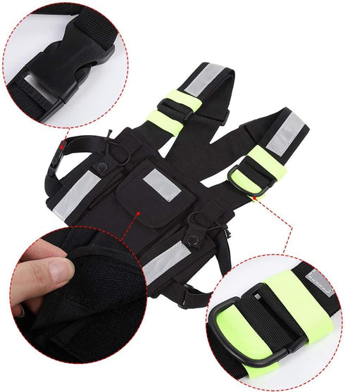 Radio Chest Harness Rig Holster Pack, Front Pouches Zipper Bag with Green Reflective Strips for Walkie Talkies