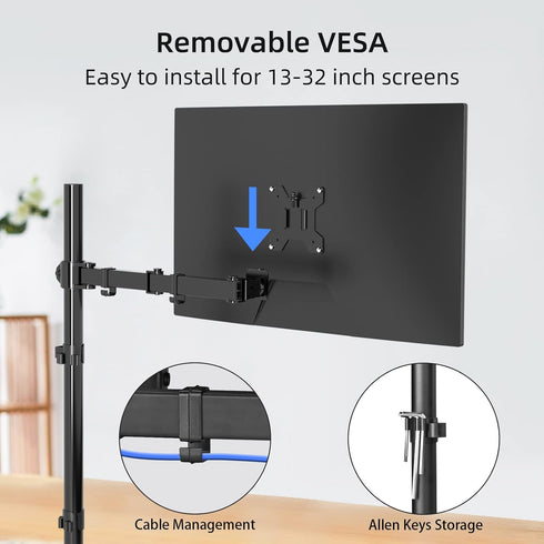 Suptek MD6821 Single Monitor Arm Desk Mount, Fully Adjustable for 1 Screen up to 32 inch, Extra Tall 31.5 inch Pole,
