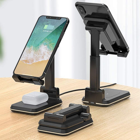 2 in 1 Wireless Charger, Dual Wireless Charging Desk Phone Stand, 10W Qi Fast-Charging Foldable Tablet Stand for iPhone