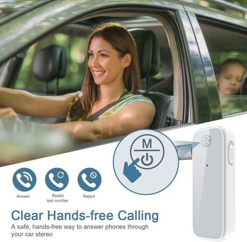 Aux Bluetooth Adapter for Car, 2 in 1 Wireless Transmitter Receiver, Built-in Mic for Hands-Free Calls, White