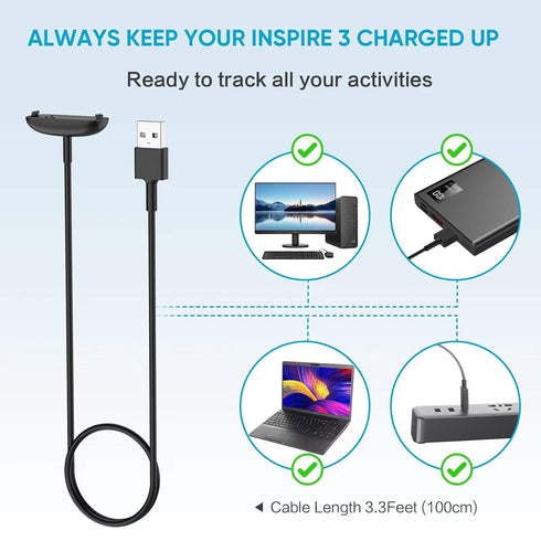 Charger Cable for Fitbit Inspire 3 - 2-Pack Replacement Charging Cable (3.3 ft/1.0 ft) for Fitness Tracker.