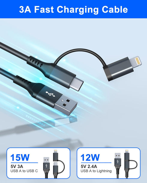 USB to USB C and Lightning Cable 2 in 1, 3A Fast Charging & Data Sync for Apple CarPlay & Android Auto