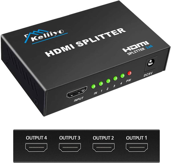 HDMI Splitter 1 in 4 Out V1.4b Powered Video Splitter with AC Adaptor Supports Ultra HD 1080P 2K x4K@30Hz
