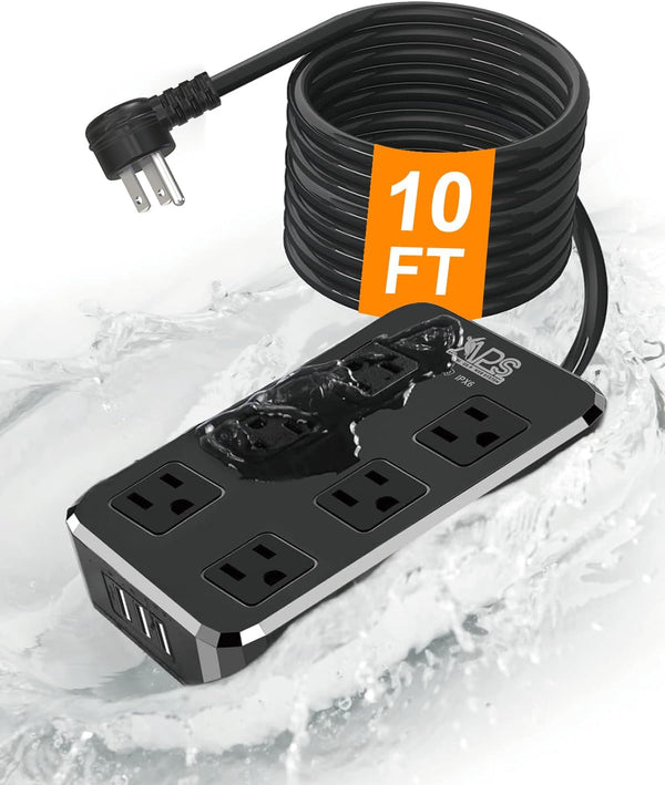 Weatherproof Outdoor Power Strip, Waterproof Surge Protector with 6 Wide Outlets, 3 USB Ports, 10FT Extension Cord,