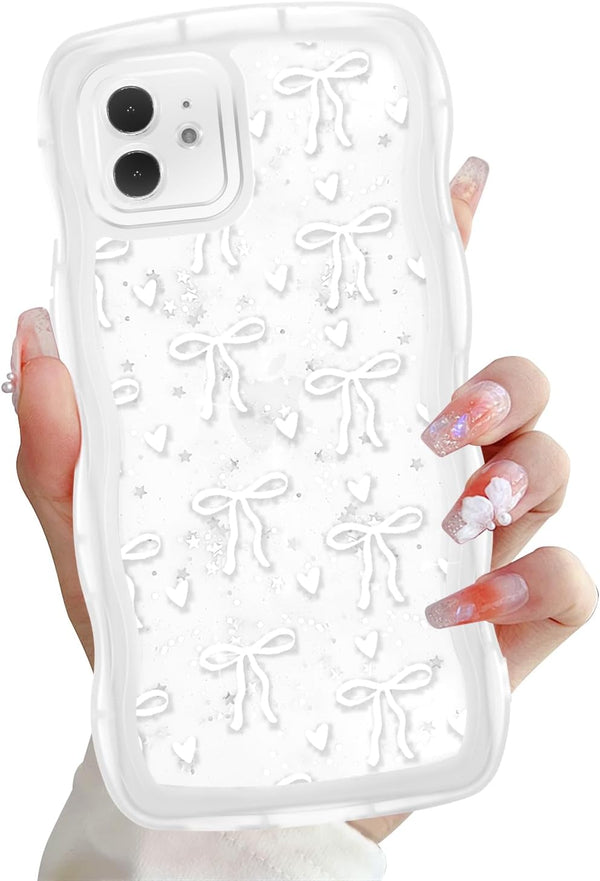Zrutru Cute Bow Glitter Phone Case for iPhone 12 6.1",Kawaii Ribbons Bling Wave
