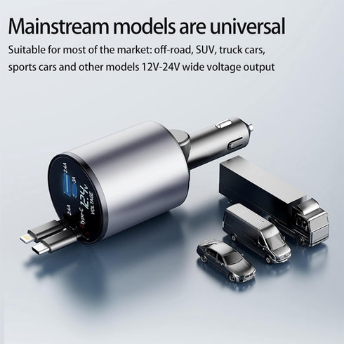 Retractable Car Charger, 66W 4 in 1 Super Fast Charging with 2 Retractable Cables and 2 USB Ports for iPhone