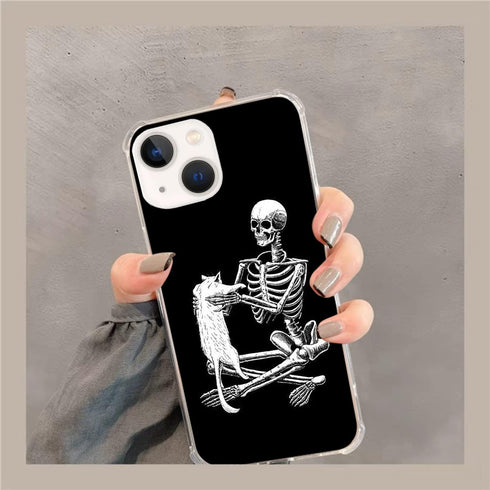 Black Skull White Cat Phone Case Compatible with iPhone 14, Skull Cool Skeleton and Cat Case for Girls Boys Women Men, Unique Trendy TPU Bumper Cover Case for iPhone 14