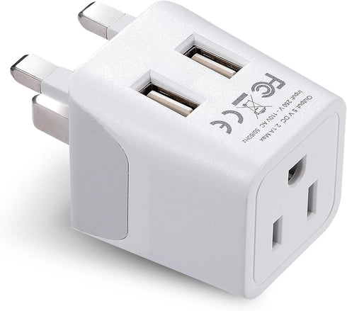 Ceptics UK Travel Adapter Plug - Type G with 2 USB + USA Socket Input - Ultra Compact & Safe Grounded for Cell Phones,